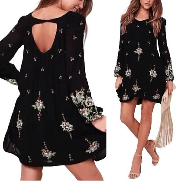 Free People Black Oxford Embroidered Long Sleeve Back Cut Out Mini Dress Women S - Picture 1 of 12